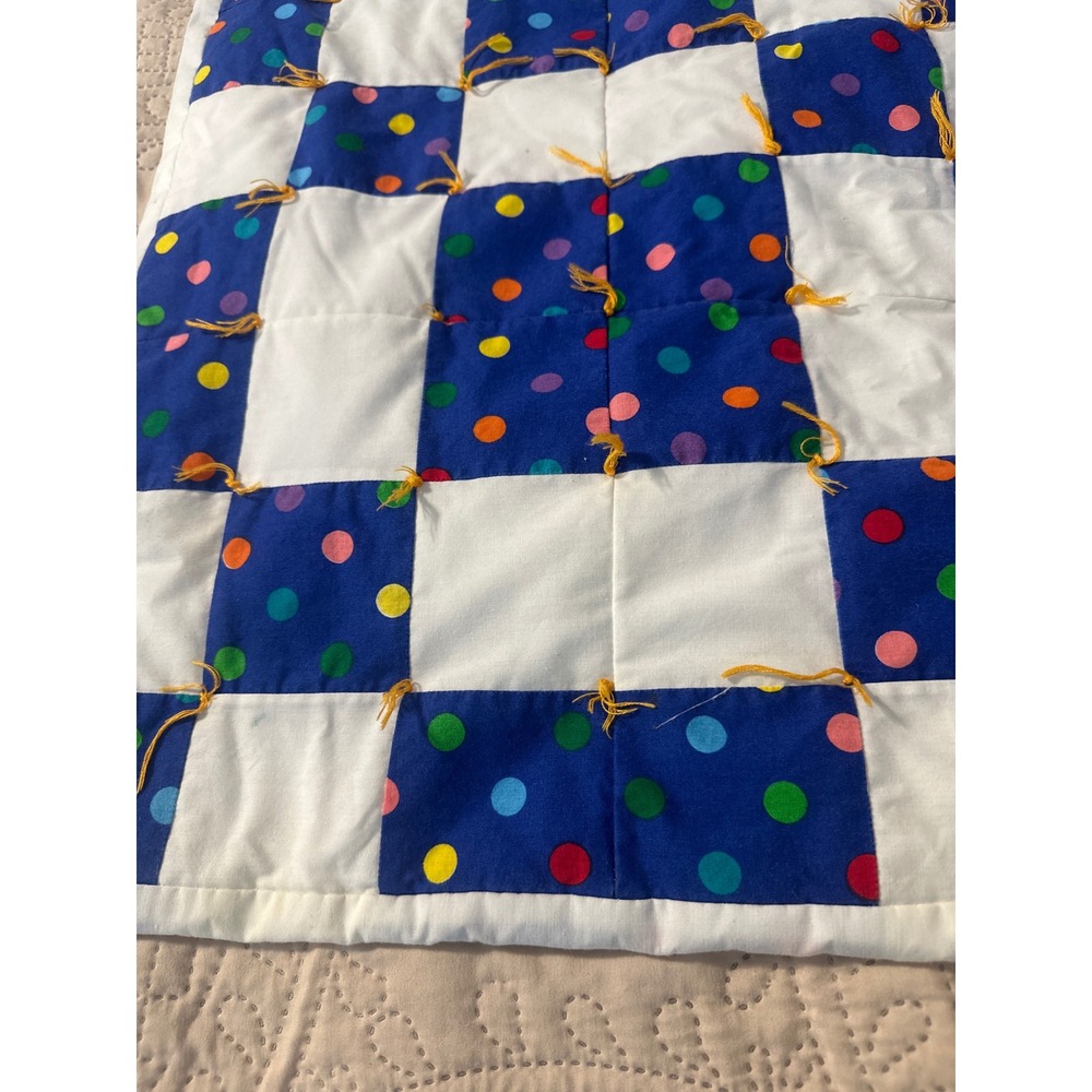 Handmade Patchwork Baby Quilt Blue Polka Dot Hand Tied Nursery Blanket 26x34 - Picture 5 of 8